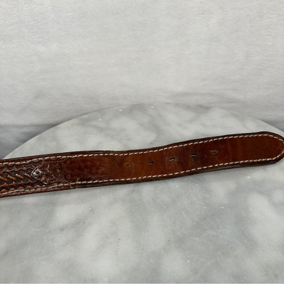 Vintage Brown Leather Belt Wooden Buckle tooled western hippie 70s bohemian boho - Picture 12 of 15